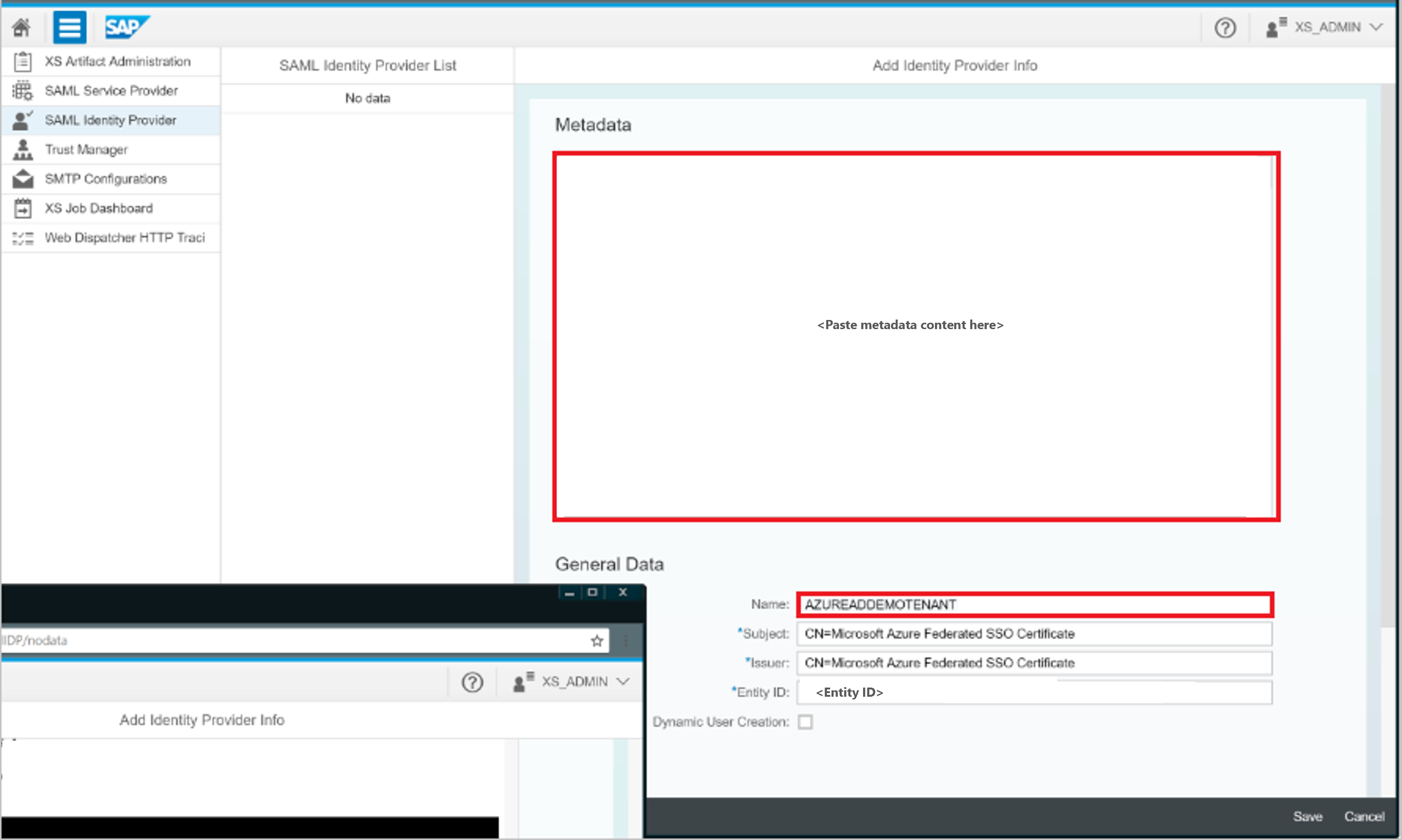 Capture d’écran montrant le volet « Add Identity Provider Info » avec les zones « Metadata » et « Name » mises en évidence.