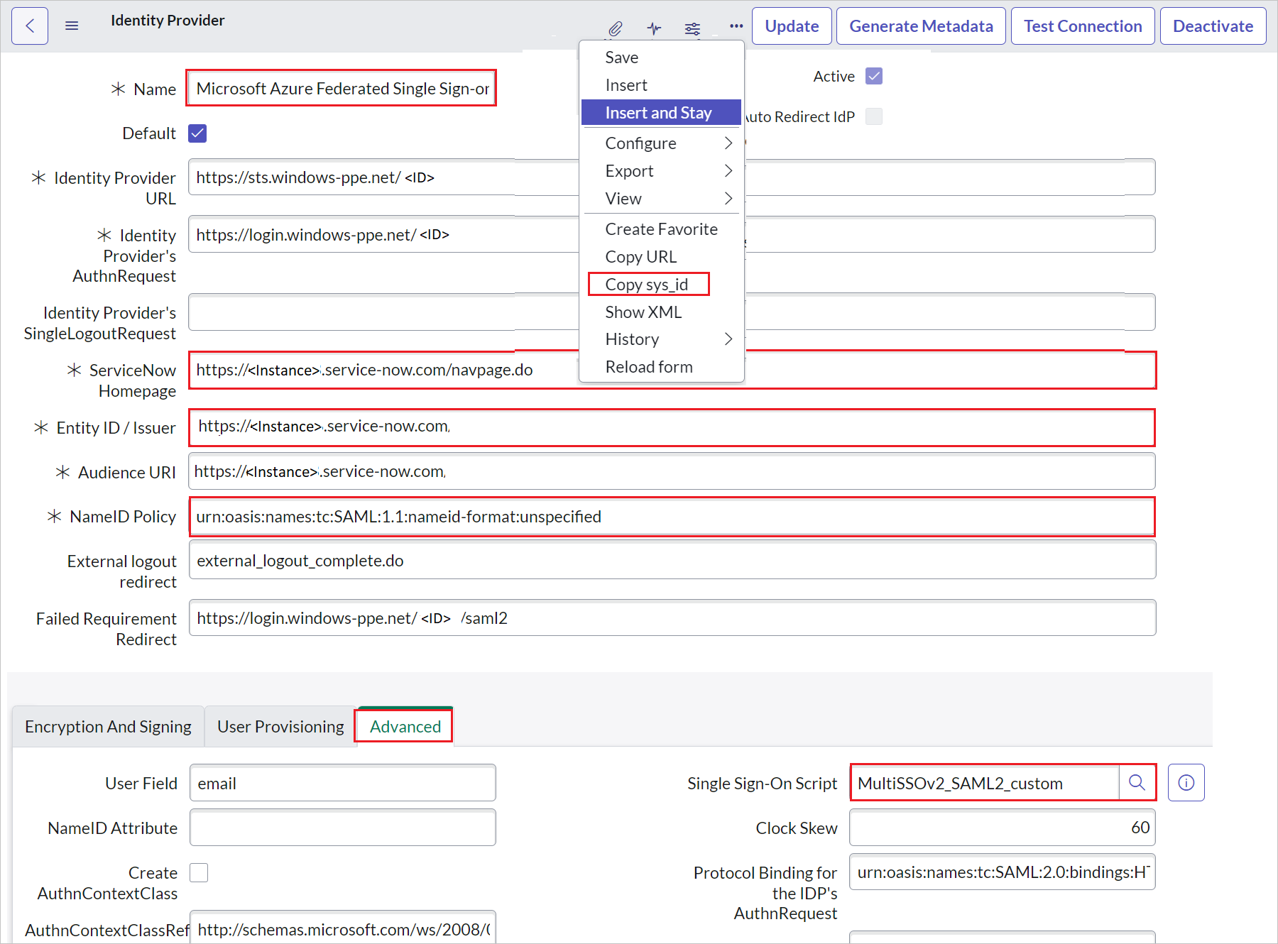 Capture d’écran de la section Identity Provider (Fournisseur d’identité)