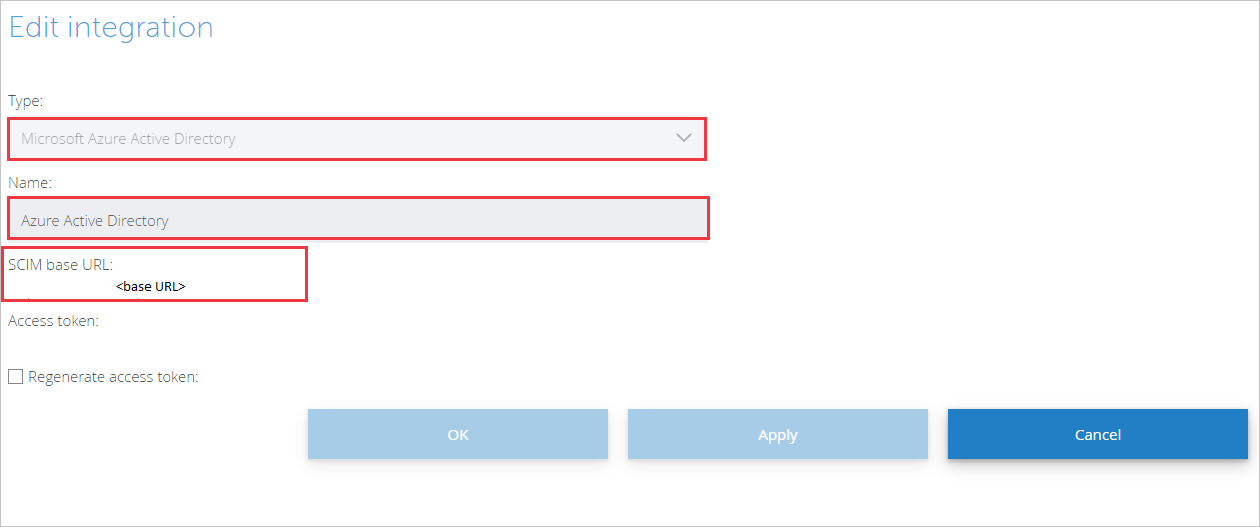 Capture d’écran de la boîte de dialogue Modifier l’intégration avec les zones de texte Type, Nom et URL de base SCIM en évidence.