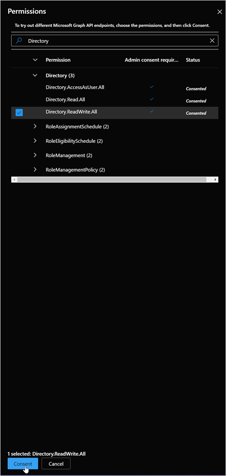 Capture d’écran des autorisations de Microsoft Graph.