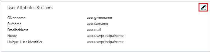 Capture d’écran montrant la section User Attributes & Claims où vous pouvez sélectionner l’icône de modification.