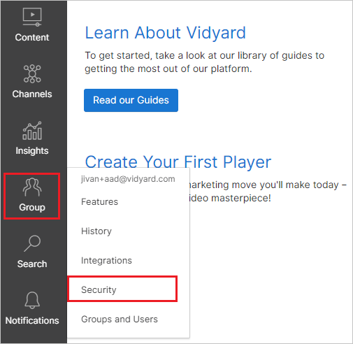 Capture d’écran montrant Security sélectionné à partir de Group sur le site Vidyard Software.