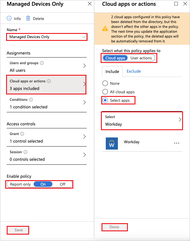 Capture d’écran des options Appareils gérés uniquement et Applications ou actions cloud.