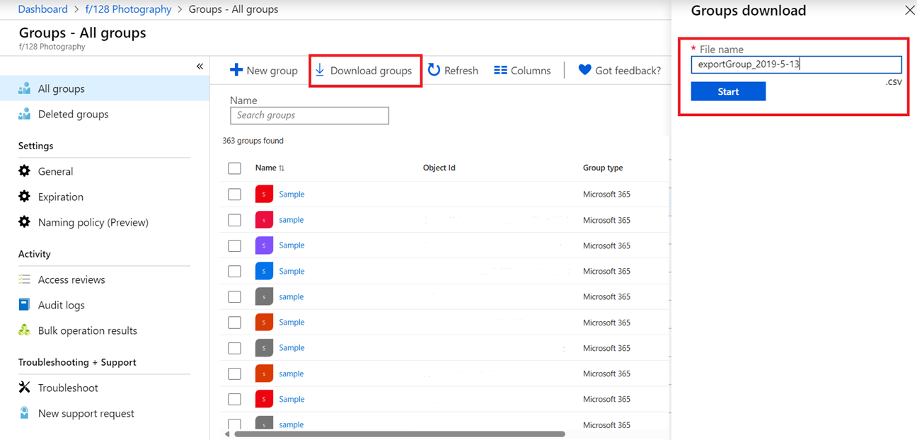 Capture d’écran montrant la commande Télécharger des groupes dans la page Tous les groupes