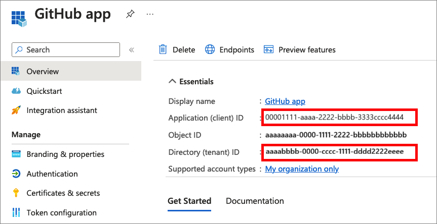 Capture d’écran montrant comment copier l’ID d’application et l’ID de locataire à partir du Centre d’administration Microsoft Entra.