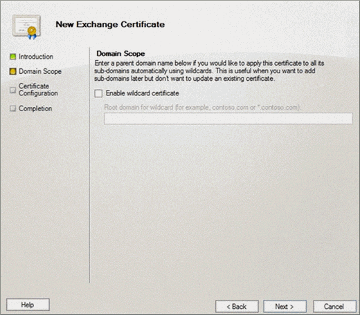 Page Étendue du domaine dans l’Assistant Nouveau certificat Exchange pour Exchange 2010.