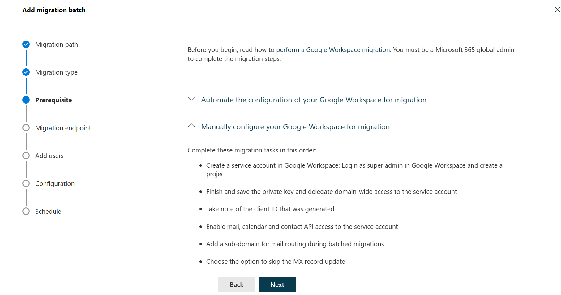 Capture d’écran des troisièmes étapes de l’Assistant Lot de migration où la migration de l’espace de travail Google de configuration manuelle est sélectionnée.