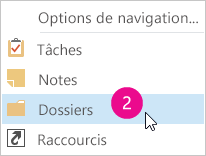 Menu barre de navigation Outlook 2013 pour accéder aux dossiers.