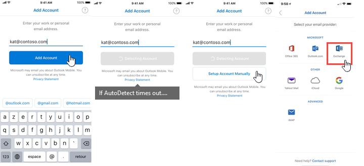 Configuration du compte Manaul pour Outlook pour iOS et Android.