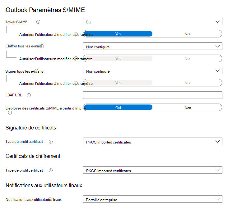 Capture d’écran montrant les paramètres S/MIME d’Outlook.