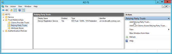 Dans la console de gestion AD FS, développez Relations d’approbation, puis sélectionnez Ajouter une approbation de partie de confiance dans le volet Action.