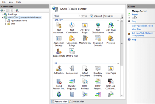 Dans le Gestionnaire des services Internet, sélectionnez le serveur, puis dans le volet Actions, cliquez sur Redémarrer.