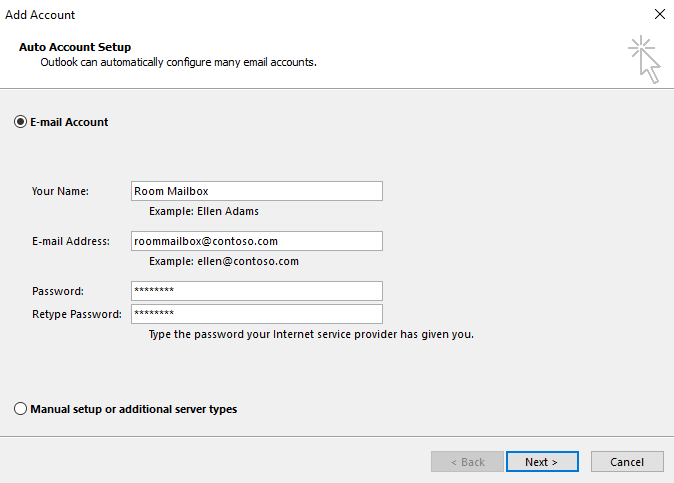 Capture d’écran pour entrer les informations de compte dans la page Configuration automatique du compte.