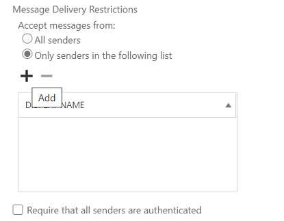 Capture d’écran de la page New EAC sur laquelle l’utilisateur peut configurer la restriction sur les expéditeurs.