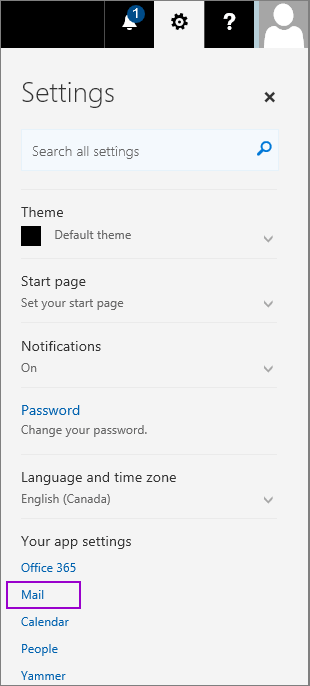 Capture d’écran montrant le volet Paramètres avec l’option Courrier mise en surbrillance dans la section Paramètres de votre application.