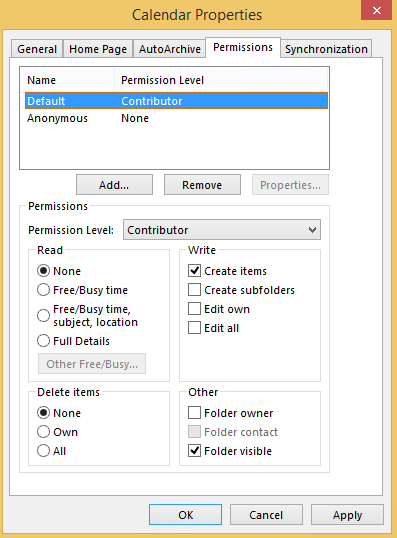 Capture d’écran montrant le paramètre Disponibilité défini sur Aucun lorsque le niveau d’autorisation par défaut du calendrier est défini sur Collaborateur.