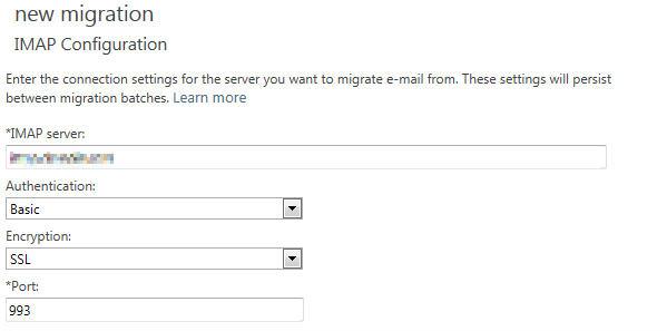 Capture d’écran de la page Configuration IMAP.