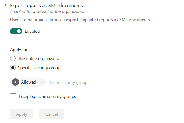 Capture d’écran des paramètres de locataire activés pour des sous-ensembles de l’organisation.