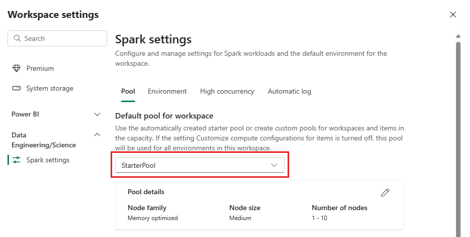 Capture d’écran montrant les options de configuration du pool de démarrage.