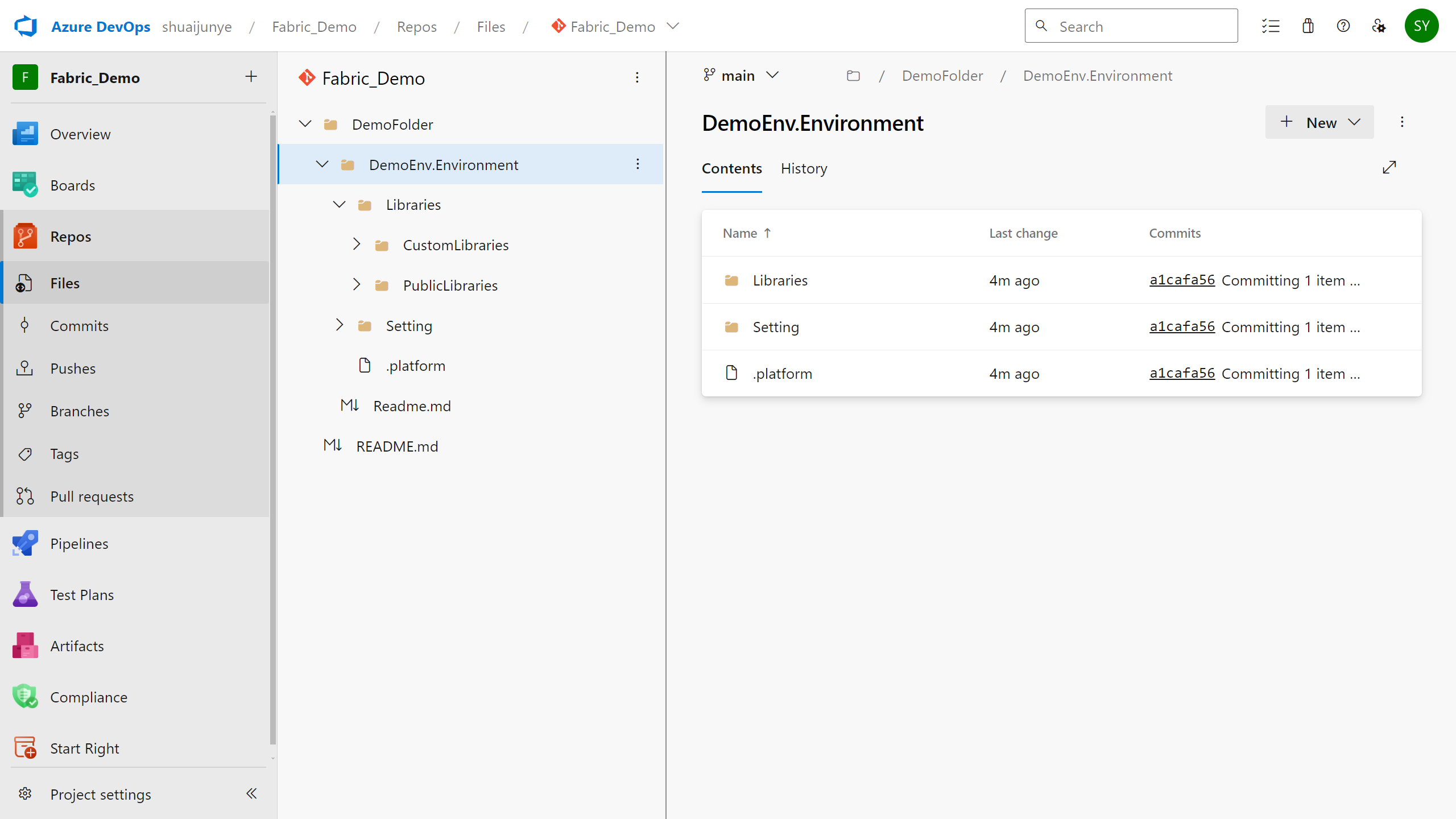 Capture d’écran de la représentation locale de l’environnement dans Git.