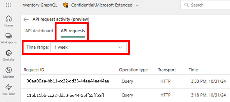 Capture d’écran de la page de requête d’API montrant l’intervalle de temps pour la liste des requêtes.