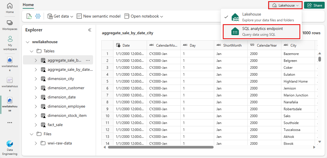 Capture d’écran montrant où trouver et sélectionner le point de terminaison d’analytique SQL dans le menu déroulant en haut à droite.