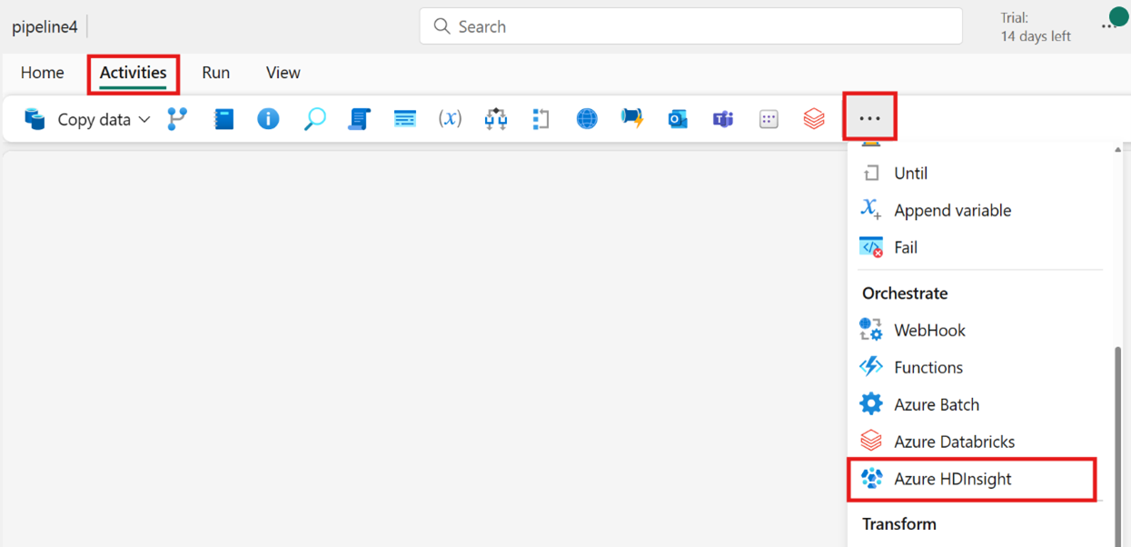 Capture d’écran illustrant l’endroit où créer une nouvelle activité Azure HDInsight à partir de la barre des activités dans la fenêtre de l’éditeur de pipeline.