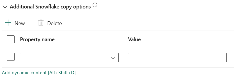 Capture d’écran montrant les options de copie Snowflake pour la destination.