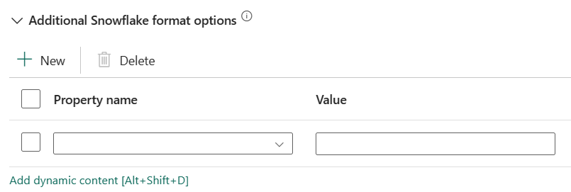 Capture d’écran montrant les options de format Snowflake supplémentaires.