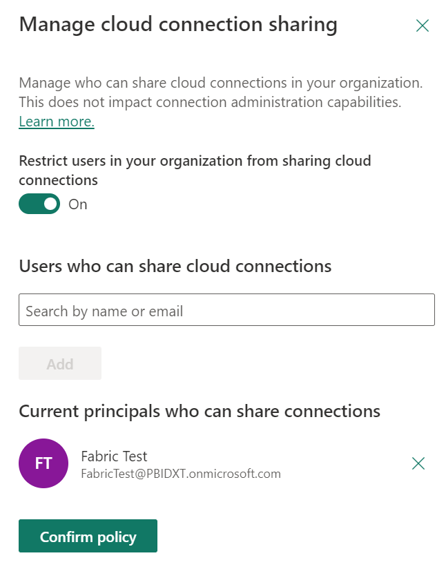 Capture d'écran montrant la fonctionnalité de gestion du partage de la connexion cloud activée.