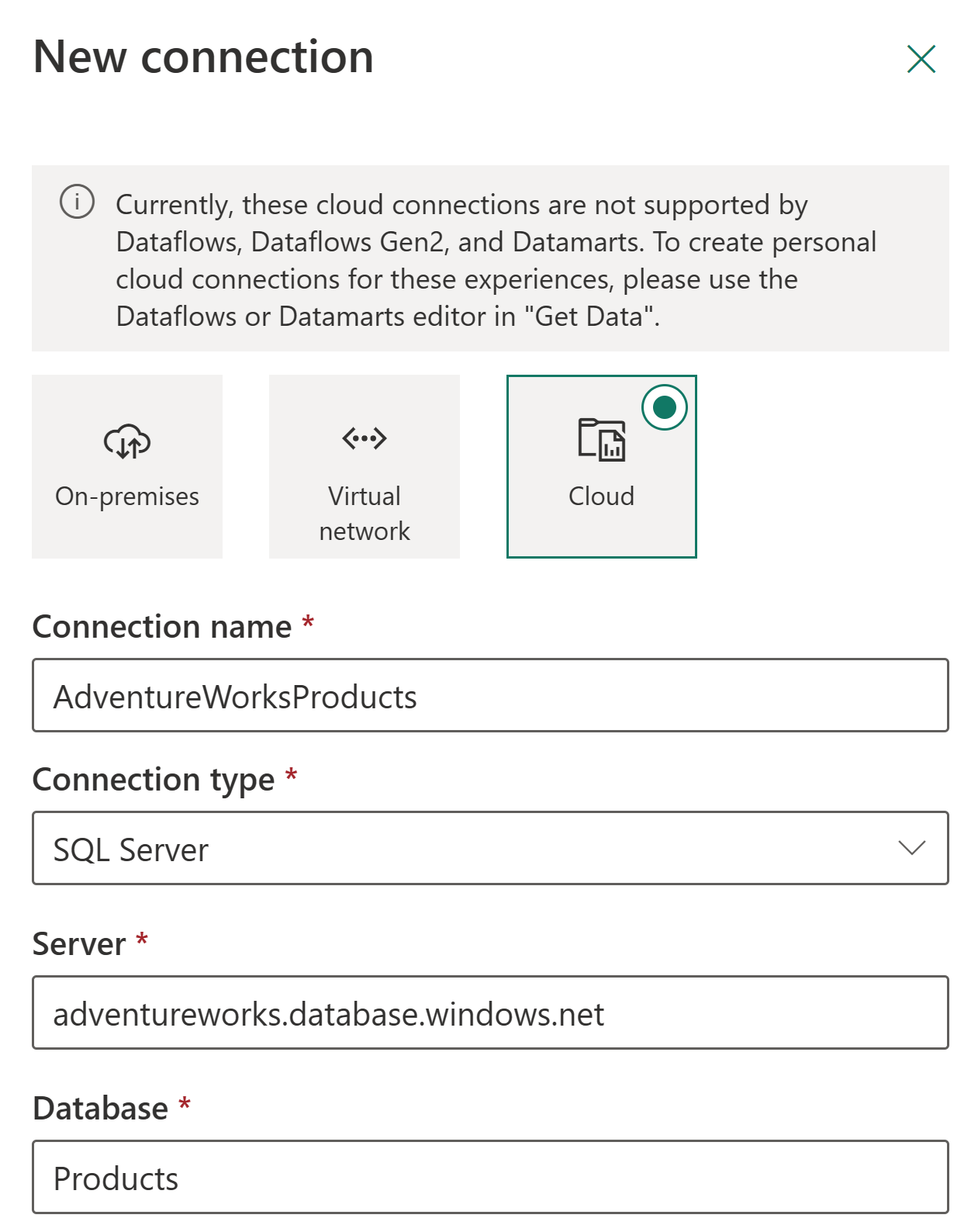 Capture d’écran montrant les exemples de détails dans l’écran Nouvelle connexion.