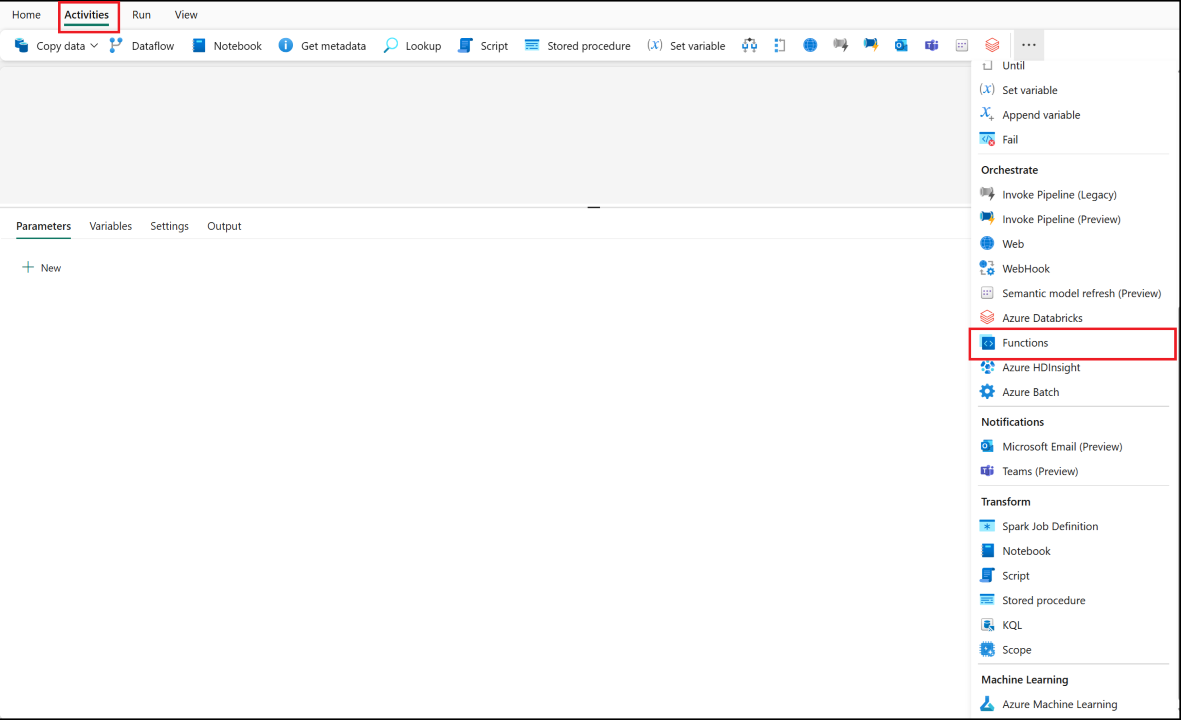 Capture d'écran de l'interface Fabric avec le volet Activités et l'activité Functions en surbrillance.