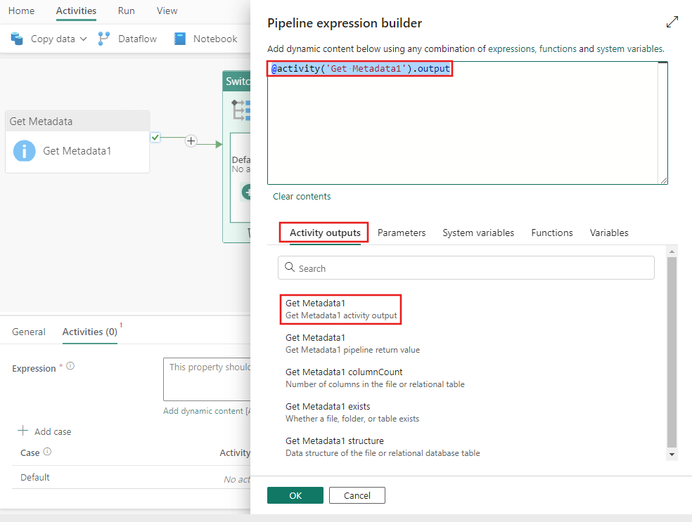 Capture d’écran montrant la fenêtre du générateur d’expression de pipeline avec les sorties de l’activité Obtenir les métadonnées en surbrillance.