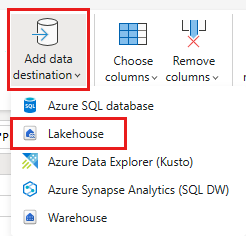 Capture d'écran illustrant l'éditeur Power Query avec le bouton Ajouter une destination de données sélectionnée, présentant les types de destination disponibles.