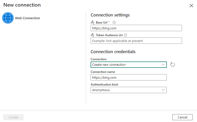 Capture d’écran montrant la nouvelle boîte de dialogue de connexion pour l’activité WebHook.