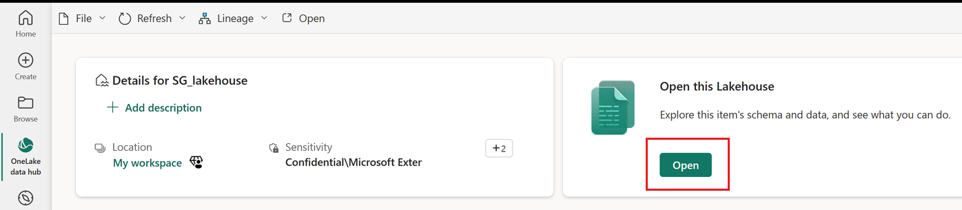 Screenshot that shows the button to open a lakehouse.
