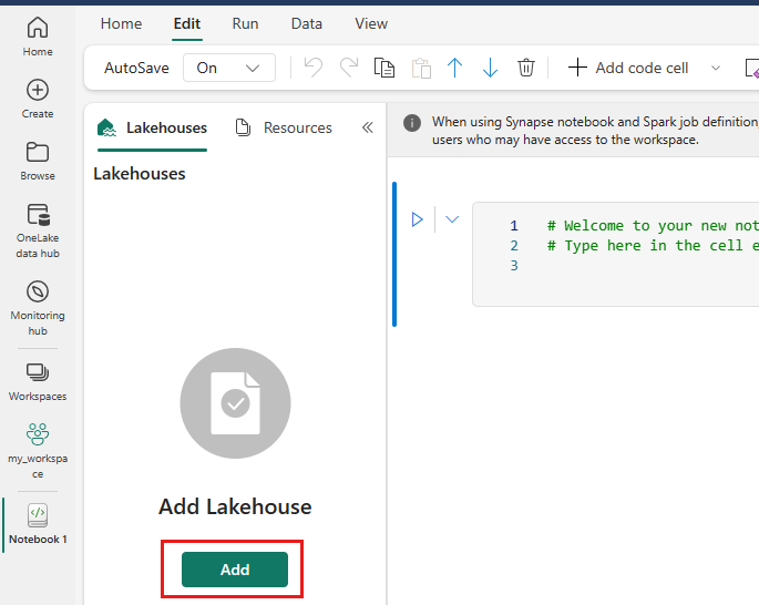 Capture d’écran de l’ajout d’un lakehouse à votre notebook.