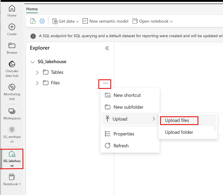 Capture d’écran montrant comment charger votre fichier dans le dossier Fichiers du lakehouse.