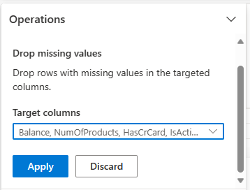 Capture d’écran montrant la suppression de lignes manquantes dans Data Wrangler.