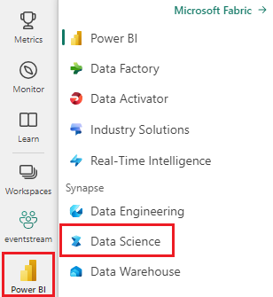 Capture d’écran du menu de sélection d’expérience, montrant où sélectionner Data Science (Science des données).