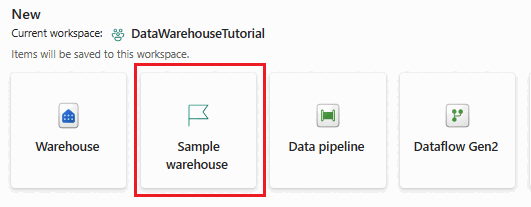 Capture d'écran montrant la carte Warehouse sample (Exemple d’entrepôt) dans le hub Home (Accueil).