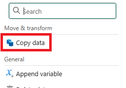 Capture d’écran de la section Move and transform (Déplacer et transformer), montrant où sélectionner Copy data (Copier des données).