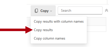 Capture d’écran de la commande Copier, mettant en surbrillance les résultats de la requête de copie.