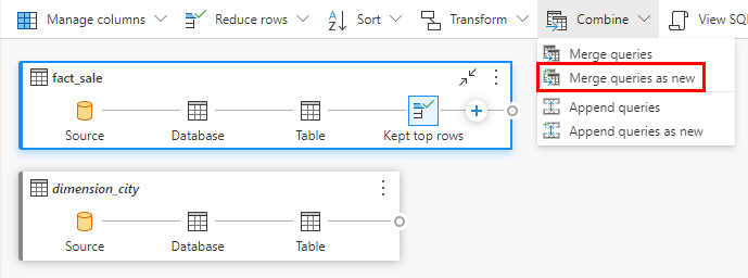 Capture d’écran du ruban Transformations avec le menu déroulant Combiner ouvert, et de l’endroit où sélectionner Fusionner les requêtes comme nouvelles.