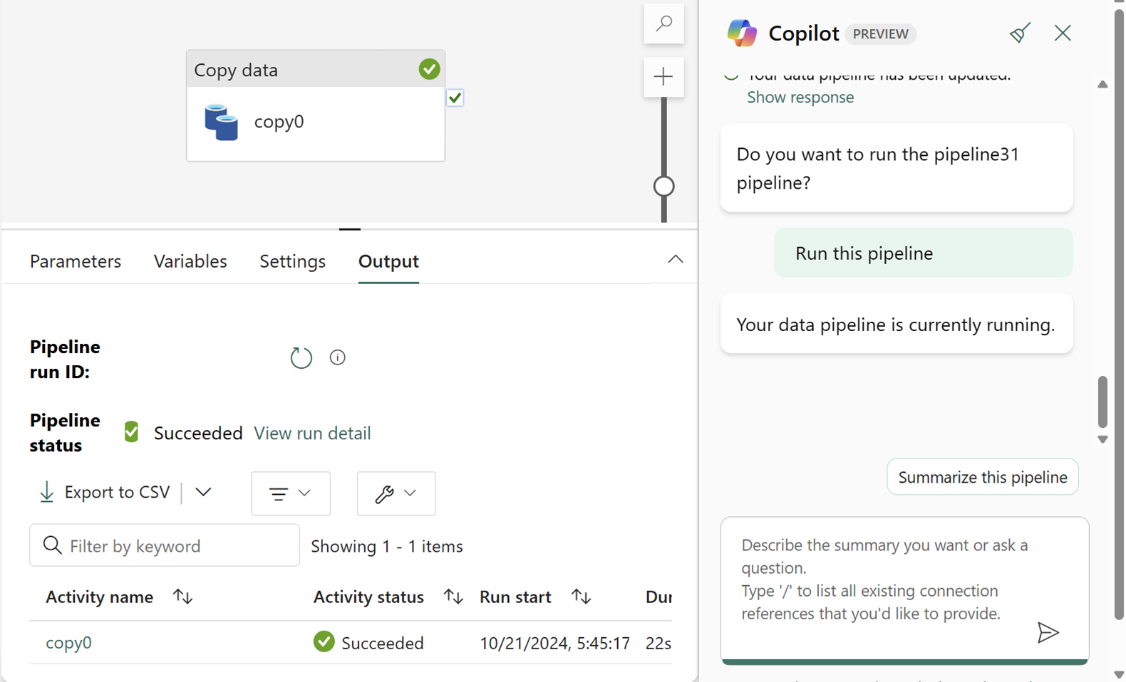 Screenshot showing the Copilot window with the pipeline completed and summarized.