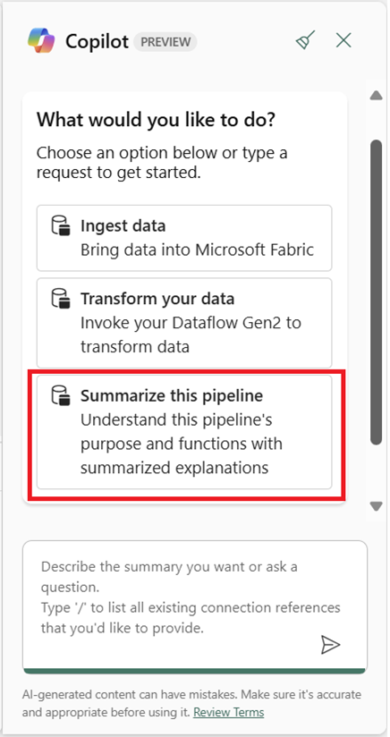 Screenshot showing the Summarize this pipeline button in the Copilot window.