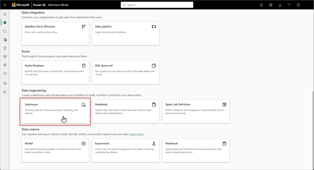 Capture d’écran montrant la vignette Lakehouse dans Ingénieurs de données.