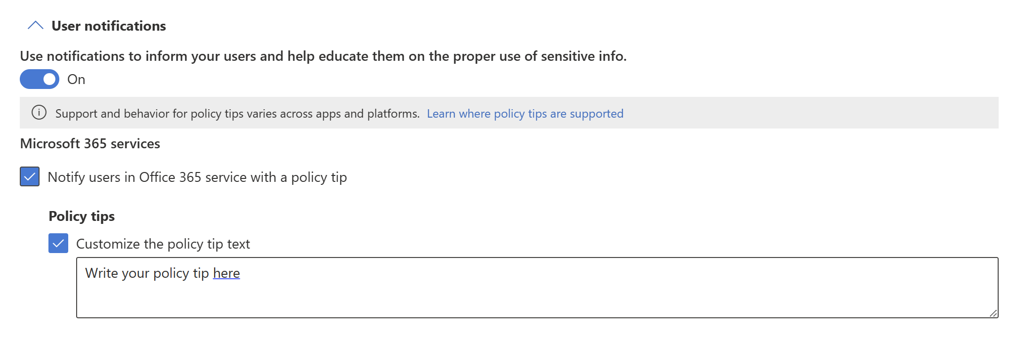 Capture d’écran de la section Notifications aux utilisateurs pour une stratégie DLP.