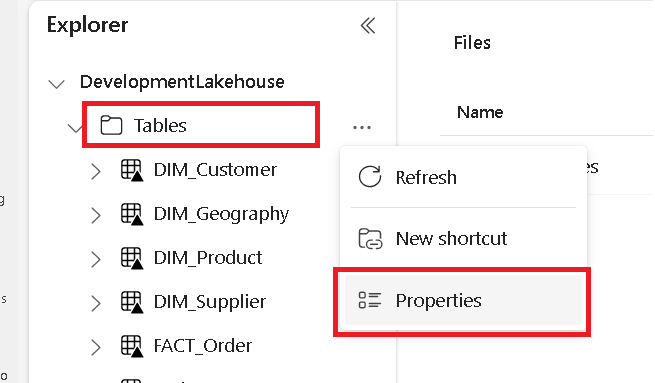 Screenshot showing where to open the Properties pane lakehouse explorer.