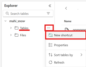 Capture d’écran montrant l’élément de menu de création de raccourci sous Tables.